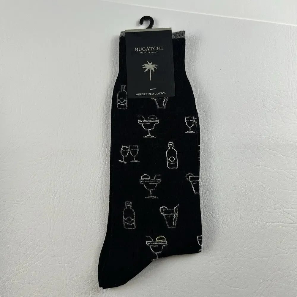 Bugatchi Mercerized Cotton Cocktail Crew Dress Socks Black One Size NWT Italy